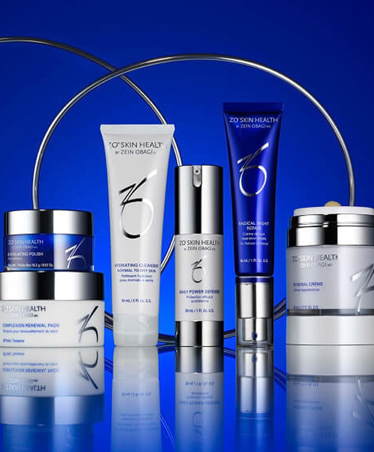 ZO Skin Health skincare products on blue background