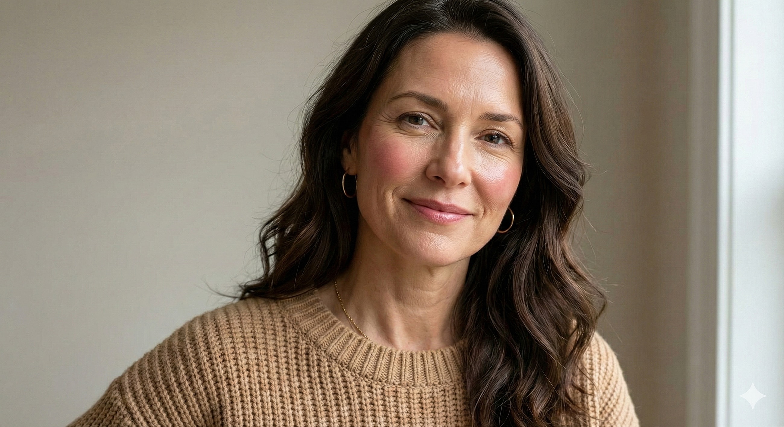 Tucson Blepharoplasty model smiling in cozy sweater, natural lighting.